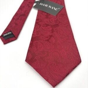 Barry Wang Necktie Mens OS Burgundy Red Silk‎ Paisley Jacquard Hand Tailored NWT